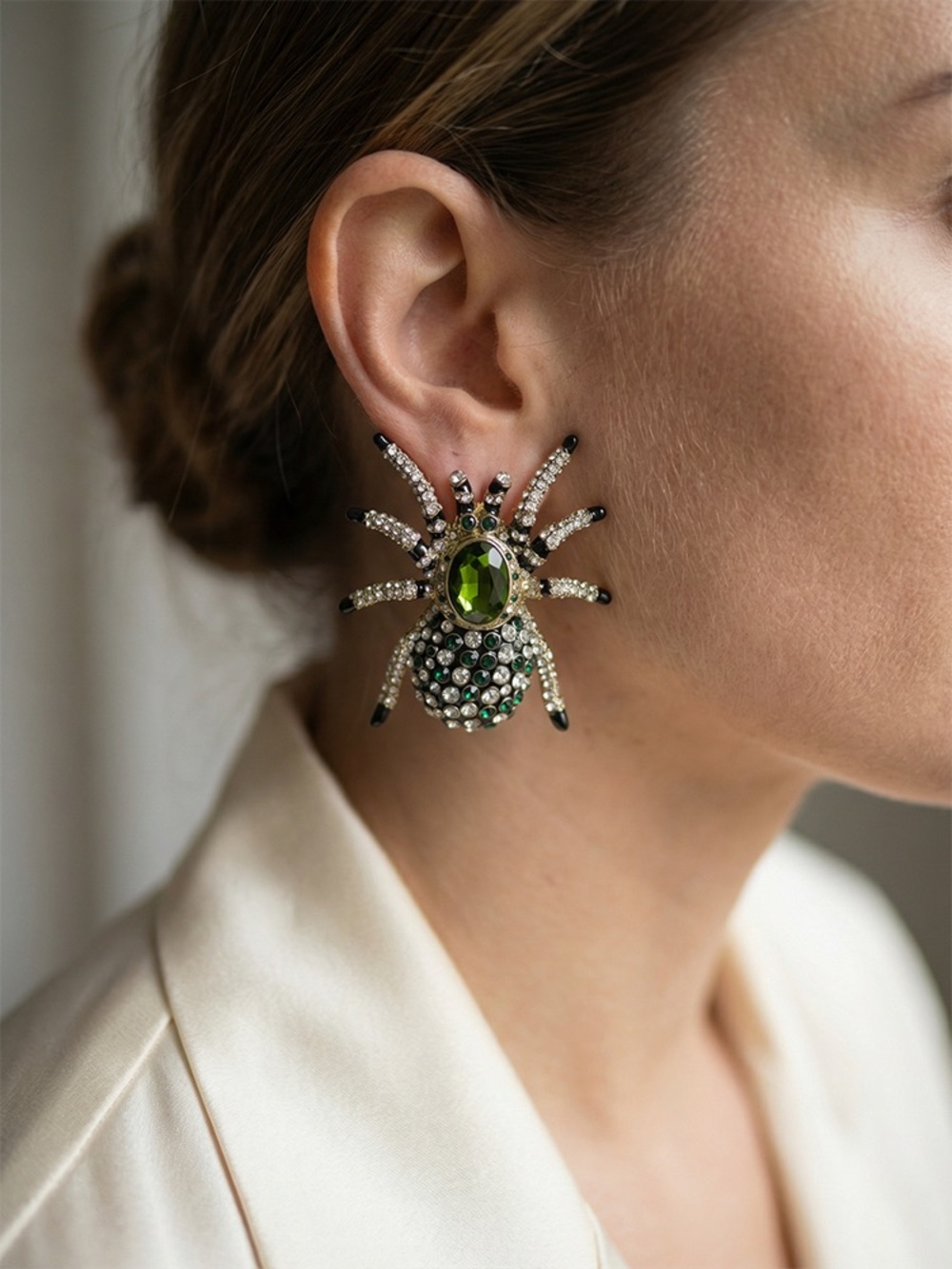 Green Crystal Spider Drop Earrings - Women Jewelry925s silver posts